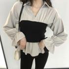 Color-block Long-sleeve Slim-fit Blouse Almond - One Size
