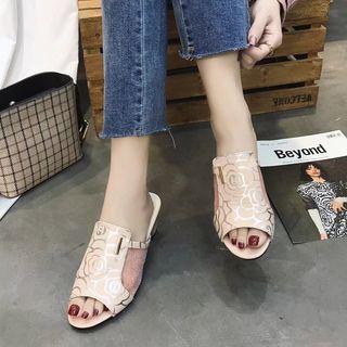 Mesh Paneled Rose Printed Chunky Heel Slide Sandals