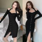 Long-sleeve Off-shoulder Button-up Knit Bodycon Dress
