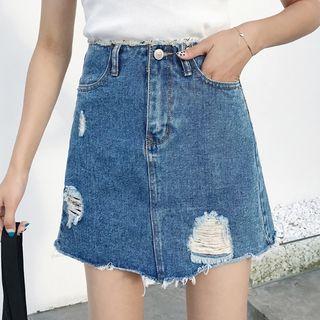 Ripped Fray Denim Skirt