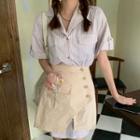 Elbow-sleeve Striped Shirtdress / Asymmetrical Button-up Mini Skirt