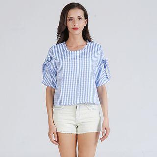 Bow Accent Checked Short-sleeve Blouse