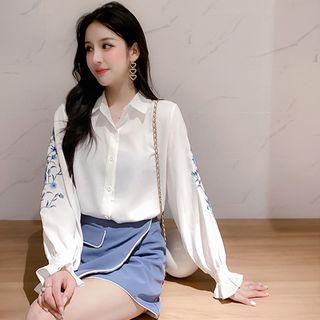 Long-sleeve Frill Trim Embroidered Floral Shirt