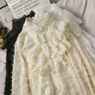 Ruffled-trim High-collar Fringed Lace Shirt