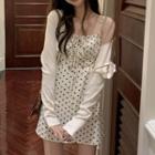 Plain Cardigan / Spaghetti Strap Dotted Mini A-line Dress