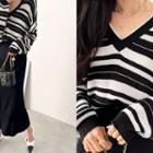 V-neck Stripe Knit Top Black - One Size