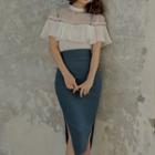 Set: Lace Panel Ruffle Short-sleeve Blouse + High-waist Pencil Skirt