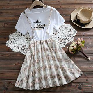Mock Two-piece Short-sleeve Gingham Dress