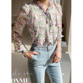 Frilled-neck Beribboned Floral Blouse Purple - One Size