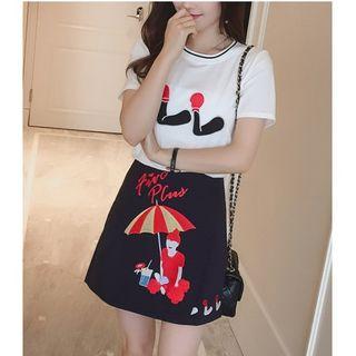 Set: Appliqu  Short Sleeve T-shirt + Embroidered A-line Skirt