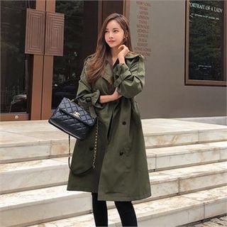 Letter Printed Double-breasted Trench Coat Khaki - One Size