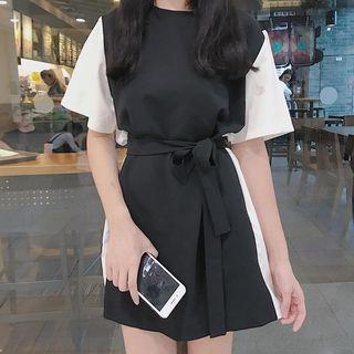 Short-sleeve Two-tone Mini Dress