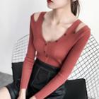 Long-sleeve Cutout Buttoned Knit Top