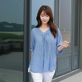 V-neck Puff-sleeve Linen Blend Top