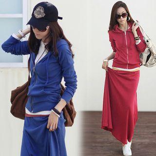 Set: Plain Hooded Zip Jacket + Maxi Skirt