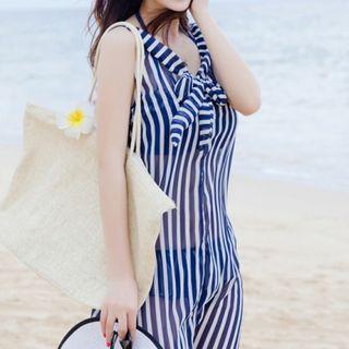 Set: Stripe Ruffle Trim Bikini + Cover-up