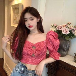 Printed Puff-sleeve Cutout Cropped Blouse Red - One Size