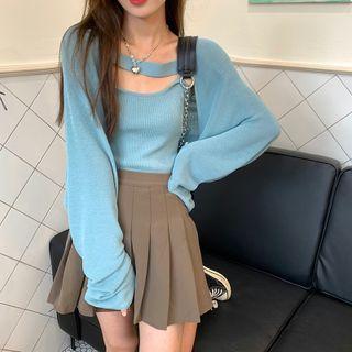 Set: Long-sleeve Plain Shrug Top + Plain Camisole