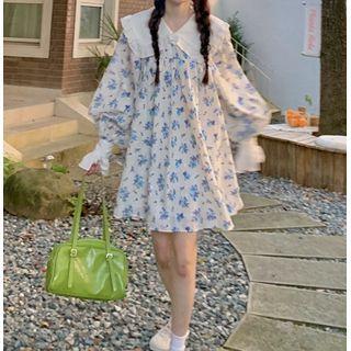 Long-sleeve Floral Printed Ruffle Trim Collar Dress