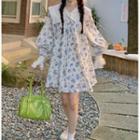 Long-sleeve Floral Printed Ruffle Trim Collar Dress