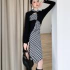 Long-sleeve Cutout Checker Print Midi Sheath Dress