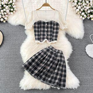 Set: Square-neck Gingham Blouse + Pleated Mini Skirt