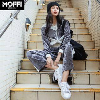 Set: Two-tone Zip Velvet Jacket + Wide-leg Pants