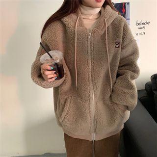 Faux Shearling Zip Hoodie Beige - One Size