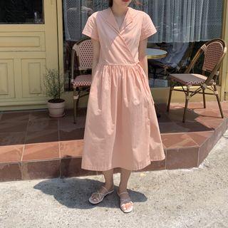 Short-sleeve Wrap Midi A-line Dress Orange Pink - One Size