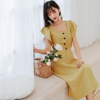 Set: Short-sleeve Button Top + Midi A-line Skirt