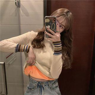 Striped-cuff Ribbed Sweater