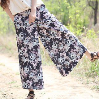 Floral Print Wide-leg Pants Flowers - Black - One Size