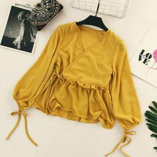 V-neck Long-sleeve Ruffle Trim Blouse