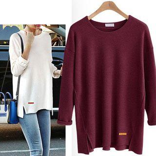 Plain Long-sleeve Slit T-shirt