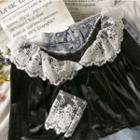 Off-shoulder Lace-trim Velvet Crop Top Black - One Size