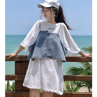 Set: Lettering 3/4 Sleeve T-shirt Dress + Denim Camisole Top