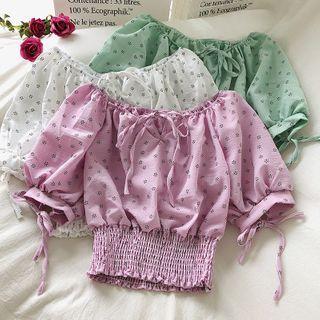Floral Elastic-waist Puff-sleeve Blouse