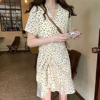 Short-sleeve Dotted Shirred A-line Dress Almond - One Size
