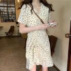Short-sleeve Dotted Shirred A-line Dress Almond - One Size