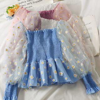 Patchwork Off-shoulder Daisy-print Mesh Peplum Top