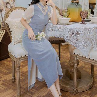 Short-sleeve Floral Embroidered Split Midi Qipao Dress