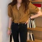 V-neck Ruffle-trim Puff-sleeve Top As Shown In Figure - One Size