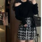 Cold-shoulder Knit Top / Tweed A-line Skirt