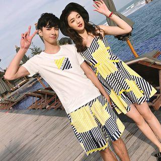Couple Matching Striped Spaghetti Strap Dress / Crew-neck Short-sleeve T-shirt / Striped Shorts