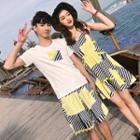 Couple Matching Striped Spaghetti Strap Dress / Crew-neck Short-sleeve T-shirt / Striped Shorts