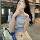Short-sleeve Flower Knit Crop Top
