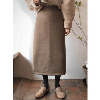 Slit-side Wool Blend Midi Skirt