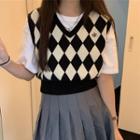 Argyle Print Knit Vest Black & White - One Size