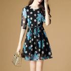 Floral Print Dotted Elbow Sleeve Dress