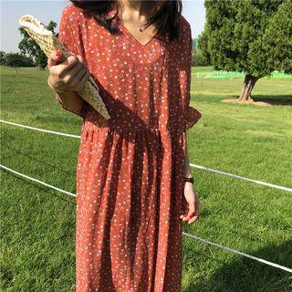 Ruffle Trim Chiffon Floral Print Dress